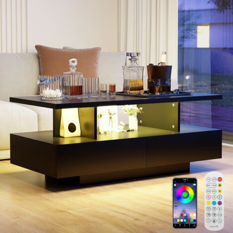 Puluomis – Table basse fixe 105x50 cm en bois et métal noir – Éclairage LED RGB – Tiroir de rangement – Mode musique – Télécommande et contrôle APP (1/5)