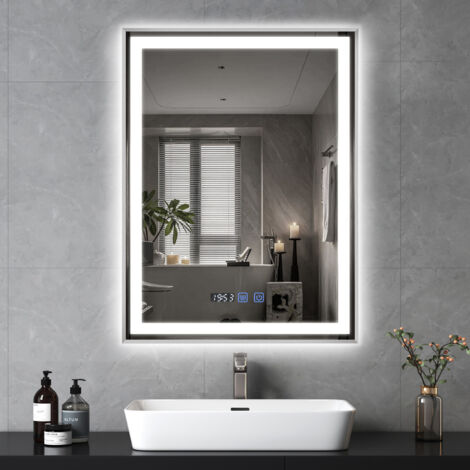 Puluomis – Miroir lumineux de salle de bain 60×80 cm – 3 couleurs de lumière – Antibuée – Tactile – Affichage numérique – Étanche IP44