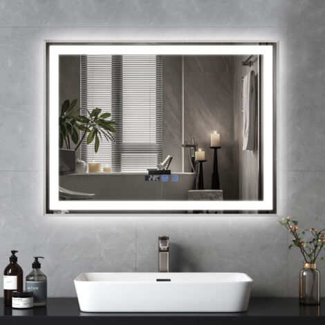 Puluomis – Miroir maquillage LED 80x60cm – Grand miroir coiffeuse carré lumineux – Éclairage 3 couleurs réglables – Affichage heure et température – Anti-buée