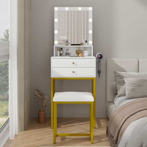 Puluomis – Coiffeuse avec miroir LED 10 lumières dimmables – Éclairage tricolore – 2 tiroirs et 1 étagère ouverte – Finition dorée et blanche (1/5)