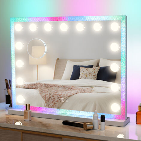 Miroir Coiffeuse 80x60 FENCHILIN Hollywood Miroir Maquillage Avec 18 Ampoules Haut-parleurs Intégrés LED Miroir De Mirroir Led