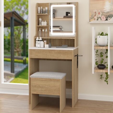 Puluomis – Coiffeuse avec miroir et éclairage LED – 3 modes d'éclairage – MDF de haute qualité – Rangement intégré et support sèche-cheveux – Finition bois naturel