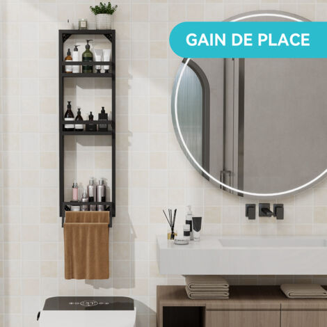 Puluomis – Étagère murale salle de bain 3 niveaux – Fixation murale – Bois MDF et métal – Barres anti-chute – Longueur 30 cm – Noir (1/5)