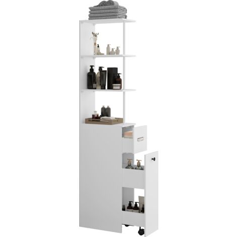 Puluomis – Meuble de rangement salle de bain haut – 3 tiroirs et 3 compartiments ouverts – Compact 40 × 23 × 167 cm – Surface mate résistante à l'humidité (1/5)