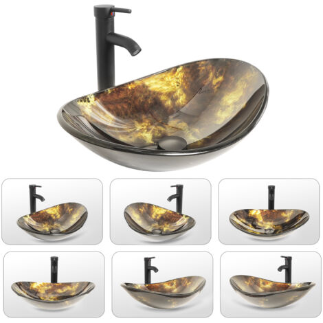 Puluomis – Vasque à poser en verre trempé 53x35x16cm – Lavabo ovale noir et jaune – Pour salle de bain moderne – Épaisseur 1,2cm (1/5)