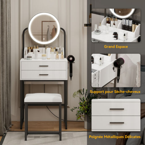 Coiffeuse Avec Miroir Et Tabouret - Éclairage LED Réglable, 6 Tiroirs, Dimensions 131x36x80 Cm