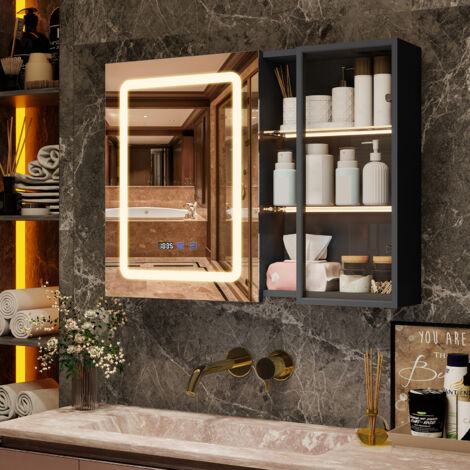 Puluomis Armoire de salle de bain murale Puluomis avec miroir LED, miroir de courtoisie éclairé, température de couleur réglable, affichage de l'heure et de la température, fonction antibuée. Adulte, (1/5)