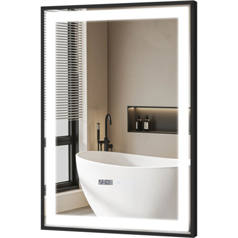 Puluomis Miroir de salle de bain 50×70cm , Avec éclairage LED réglable , Miroir cosmétique lumineux de grande taille, Miroir mural , 3 couleurs de lumière , Antibuée , Tactile , Affichage Numérique - (1/5)