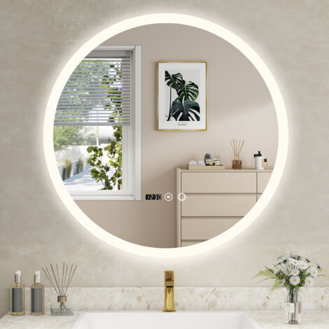 Puluomis – Miroir lumineux rond de salle de bain 70x70cm – Éclairage LED réglable – IP44 étanche – Fonction anti-buée – Affichage de l'heure tactile