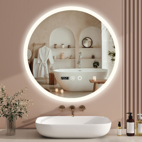 Puluomis LED Miroir de Salle de Bain 50x50cm, Miroir Rond luminueux de salle de bain, Miroir mural, Affichage L'heure, Tactile, Anti-buée,IP44 Étanchéité, LED Réglable - Blanc