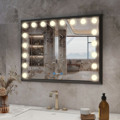 Miroir Salle De Bain éclairé LED Antibuée 80x60 Cm Forme Feuille - Réglable 3 Tons + Luminosité - Verre Grossissant 10x Antidéflagrant - 9