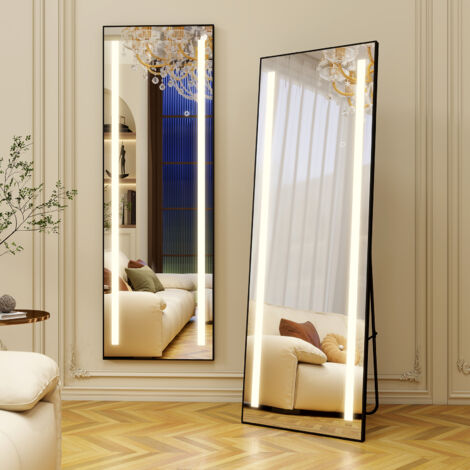 Puluomis – Miroir sur pied 150 x 50 cm avec lumières LED – Cadre en aluminium – Verre haute définition – Modes d'éclairage réglables – Noir (1/4)