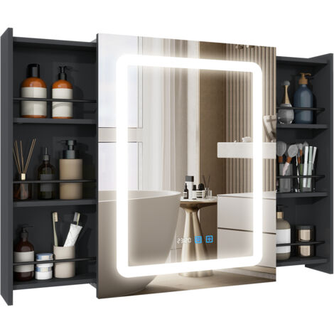 Armoire de salle de bain murale Puluomis avec miroir LED, miroir de courtoisie éclairé, température de couleur réglable, affichage de l'heure et de la température, fonction antibuée. Adulte, Salle de 