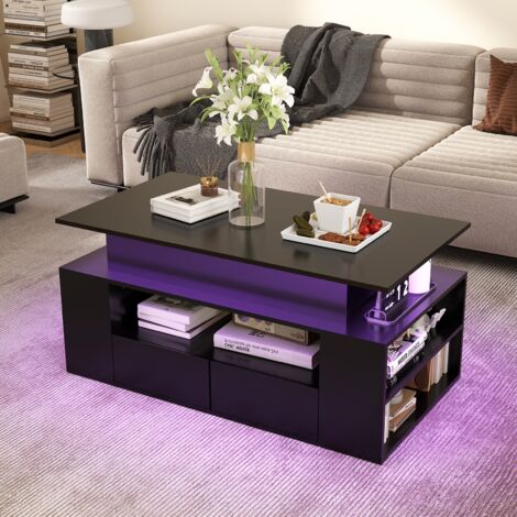 Puluomis 92x50 LED Table Basse Fixe Style Industriel Bois RGB et Métal Noir, Table de Salon avec tiroir de rangement, hauteur réglable, Mode Musique, Télécommande, Contrôle APP, Salon, Salle de séjour (1/4)