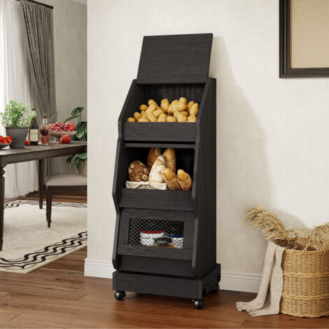 Puluomis – Boîte de rangement à trois niveaux pour fruits et légumes – Compartiment ventilé pour pain – Roulettes pivotantes – Capacité 20 kg par niveau