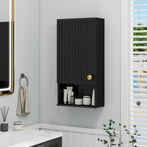 Puluomis – Armoire murale de salle de bain noire 66x33x17cm – Panneaux imperméables – Installation murale sécurisée – Étagères réglables et ouvertes