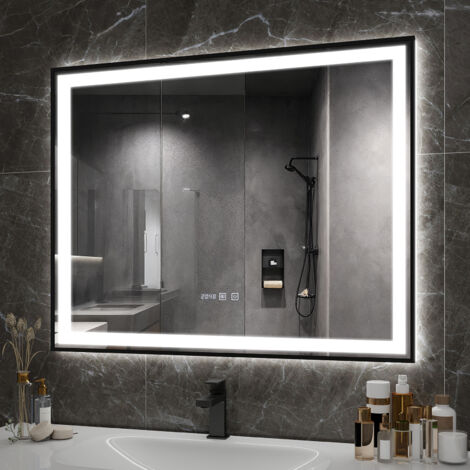 Puluomis LED Miroir de Salle de Bain 100x80cm, Miroir luminueux de salle de bain, Miroir mural, Interrupteur Tactile, Anti-buée, LED Réglable, Étanchéité IP44, Affichage numérique- Noir (1/5)