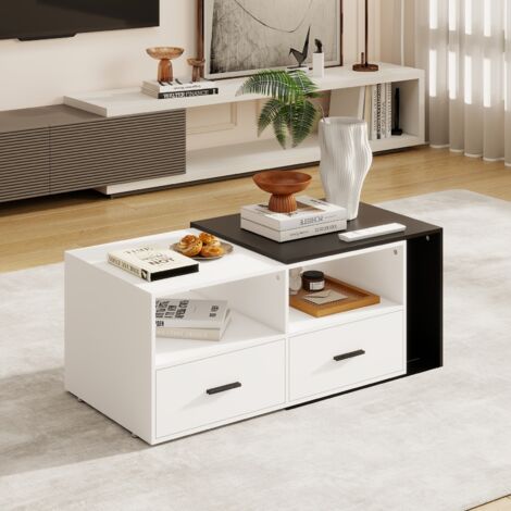 Puluomis – Table basse extensible 91-145 cm – Rangement optimisé avec tiroirs – Design industriel blanc et noir – Roulettes silencieuses (1/5)