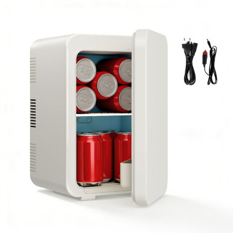 Puluomis Mini-réfrigérateur 10 L, Refroidissement et chauffage, mini frigo électronique portable, 220 V/12 V, avec poignée, double étagère, pour la cuisine, les bars, les bureaux et le camping - Beige