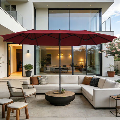 Puluomis – Parasol déporté en aluminium 380 x 200 cm – Parasol grande taille-Protection UV 50+ – Mécanisme à manivelle – Mât de 48 mm-Rouge (1/5)