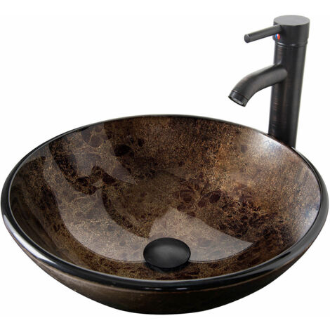 Puluomis Vasque à Poser ronde de salle de bain en verre Lavabo 42x42x14 cm, Lave-Mains Évier, Salle de bain, Cuisine - Marron