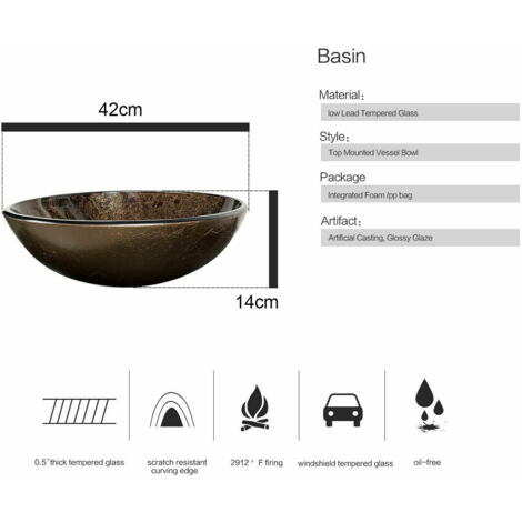 Puluomis Vasque à Poser ronde de salle de bain en verre Lavabo 42x42x14 cm, Lave-Mains Évier, Salle de bain, Cuisine - Marron