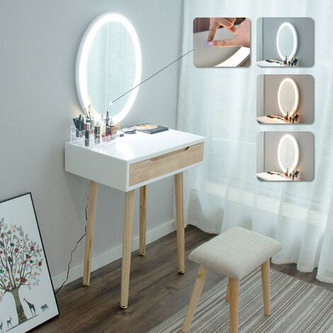 Coiffeuse avec Miroir LED Table de maquillage Coiffeuse et tabouret Miroir ovale + 1 Tiroir en bois