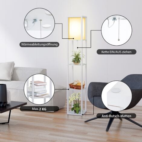 Puluomis Lampadaire en bois Design Lampe sur Pied avec 3 Niveaux Etagères und E27 Base 1.6M Lampadaire étagère blanc