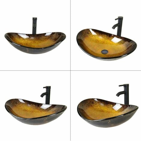 Puluomis Vasque à Poser en verre Lavabo pour Salle de Bain,55x35x15cm,Ovale,or-jaune - Jaune