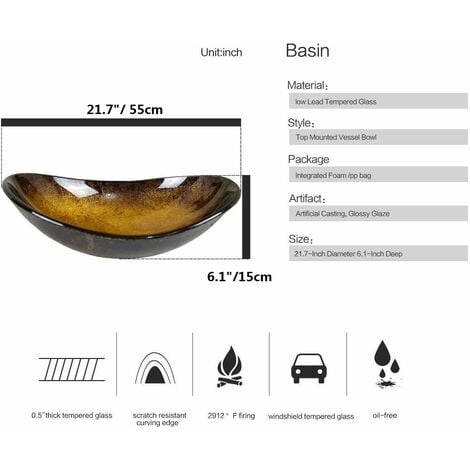 Puluomis Vasque à Poser en verre Lavabo pour Salle de Bain,55x35x15cm,Ovale,or-jaune - Jaune
