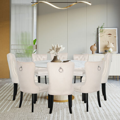 Puluomis – Lot de 8 chaises de salle à manger en velours beige – Structure en bois massif – Rembourrage ergonomique – Hauteur d'assise 50cm