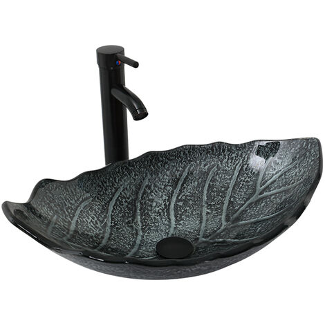 Puluomis – Vasque à poser en verre trempé 62x42x21cm – Forme de feuille – Drainage rapide – Design moderne et élégant – Pour salle de bain et cuisine