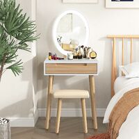 Puluomis – Coiffeuse enfant LED dimmable avec miroir et tabouret – MDF écologique – Dimensions 60x40x80cm – Couleur blanc et gris