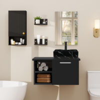 Puluomis Ensemble de meuble-lavabo, meuble mural - vasque, meuble mural à rayures noires, meuble-lavabo en bois noir - avec miroir, vasque -robinet, Lavabo carré en céramique noire, ensemble de salle