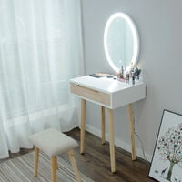 Coiffeuse avec Miroir LED Table de maquillage Coiffeuse et tabouret Miroir ovale + 1 Tiroir en bois