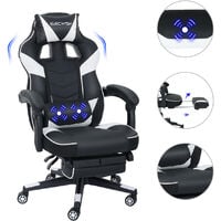 Puluomis Chaise Gaming Ergonomique à haut Dossier, Fauteuil Gamer en PU, Siège avec  Fonction de Massage, Dossier réglable à 150°, Repose-pieds, Soutien Lombaire, 150Kg, Bureau, Chambre, Maison - Blan