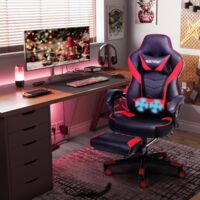 Puluomis – Chaise gaming avec repose-pieds et coussin lombaire à massage – Dossier haut réglable – Cuir synthétique rouge – Charge max 150kg