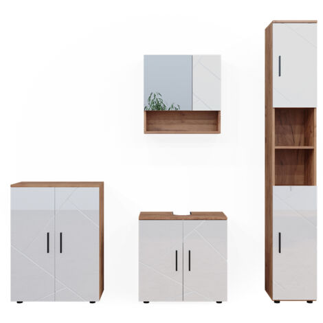 Badmöbel-Set Irma, Weiß Hochglanz/Goldkraft Eiche, 4 Teile, mit Hochschrank und Kommode, Vicco