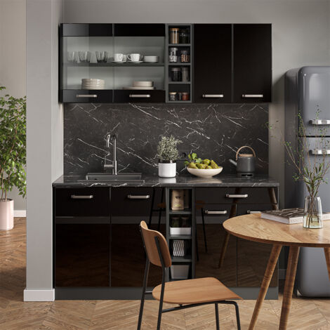 Mini-Küche R-Line, Schwarz Hochglanz/Anthrazit, 160 cm ohne Arbeitsplatte, Vicco