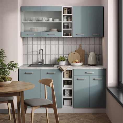 Single Küche R-Line, Blau-Grau/Weiß, 160 cm ohne Arbeitsplatte, Vicco