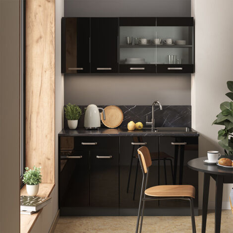 Mini-Küche R-Line, Schwarz Hochglanz/Anthrazit, 140 cm ohne Arbeitsplatte, Vicco