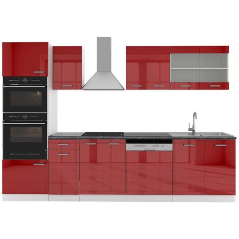 Küchenzeile R-Line, Bordeaux Hochglanz/Weiß, 300 cm mit Hochschrank, AP Anthrazit, Vicco