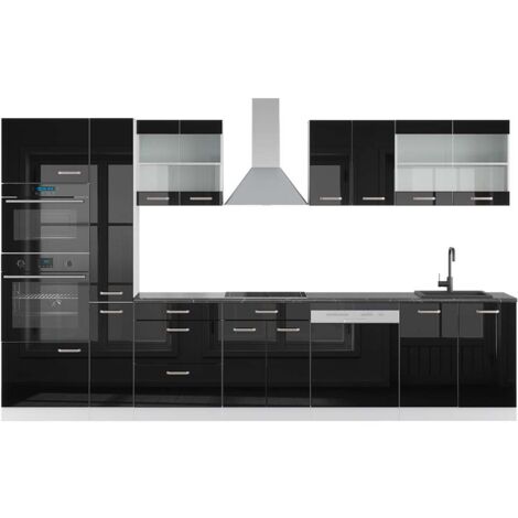 Küchenzeile R-Line, Schwarz Hochglanz/Weiß, 350 cm mit Hochschrank, AP Anthrazit, Vicco
