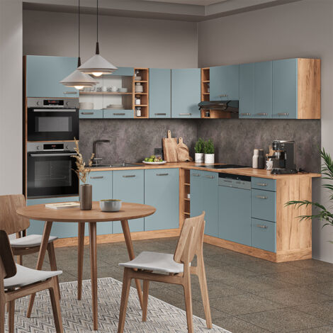 Einbauküche  R-Line, Blau-Grau/Goldkraft Eiche, 237 x 60 cm ohne Arbeitsplatte, Vicco