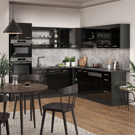 Einbauküche  R-Line, Schwarz Hochglanz/Anthrazit, 237 x 60 cm ohne Arbeitsplatte, Vicco