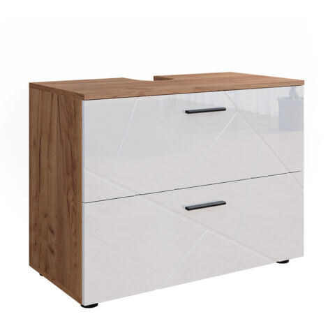 Waschbeckenunterschrank Irma, Weiß Hochglanz/Goldkraft Eiche, 80 x 58.6 cm, Vicco