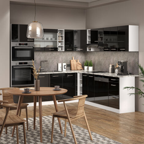 Einbauküche R-Line, Schwarz Hochglanz/Weiß, 237 x 60 cm ohne Arbeitsplatte, Vicco