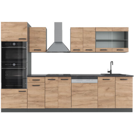 Küchenzeile R-Line, Goldkraft Eiche/Anthrazit, 300 cm mit Hochschrank, AP Anthrazit, Vicco