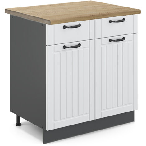 Küchenunterschrank Fame-Line, Weiß Landhaus, 80 cm , AP Eiche, Vicco