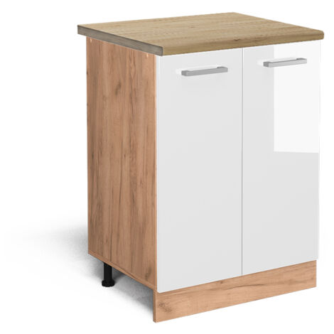 Küchenunterschrank R-Line, Weiß Hochglanz, 60 cm , AP Eiche, Vicco